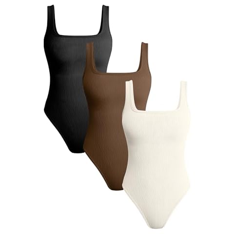 TOB Women's 3 Piece Bodysuits Sexy Ribbed Square Neck Sleeveless Tank Tops Bodysuits Black Coffe Beige Cover