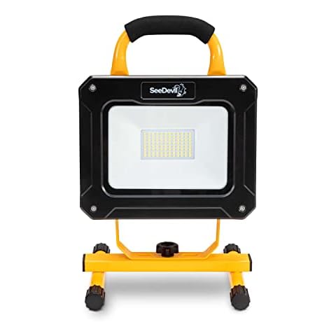 SeeDevil Rechargeable 5,000 Lumen LED Work Light, 50 Watt, Portable Flood Light, Easy To Use, Light Weight, Best For Contractors, Job Sites, BBQ, Corn Hole Cover