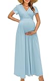 OUGES Maternity Maxi Dress Wrap Baby Shower Pregnancy Dresses for Photoshoot Maternity Outfits Summer Clothes 2026(Light Blue,M)