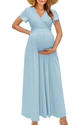 OUGES Maternity Maxi Dress Wrap V Neck Baby Shower Pregnancy Dres...