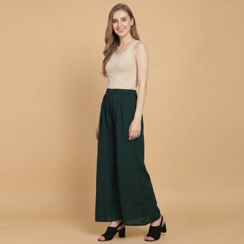 Image of FASHION GALLERY Women's Solid Rayon Palazzo Pants | Relaxed Fit Full Length Wide Leg Palazzo | Elastic Waist Comfortable Casual Lounge Office Ethnic Flared Trousers for Women