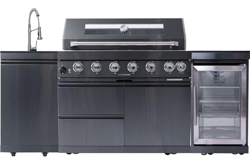 RENDGO 82 Inches 6-Burner 85,000 BTU Deluxe Stainless Steel Propane Gas Grill Outdoor Kitchen Island,Sink,Beverage Refrigerator Storage & Rotisserie Kit for Patio Backyard,Black