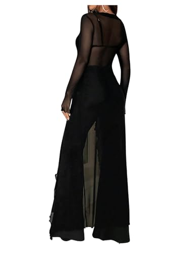 Image of GORGLITTER Women's Sexy Tie Front Goth Cardigan Sheer Mesh Long Sleeve Y2k Tops