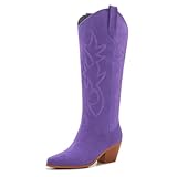 ZXHYZLZ Women’s Purple Suede Cowgirl Boots – Knee‑High Western Cowboy Boots, Pointed Toe, Block Heel, EmbroidePurple Size 9