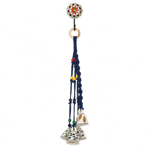 Image of KAAMERI BAZAAR Macrame Wind Chimes Enhance Living Space for Diwali (4 Bells, 1 Ring Tied with Blue Macrame Thread)