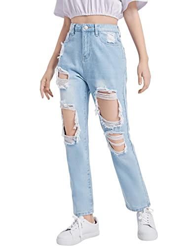 Sweatyrocks Teen Girl's High Waisted Straight Leg Ripped Jeans Washed Denim Pants With Pockets Light Wash 10-11Y #TOP2