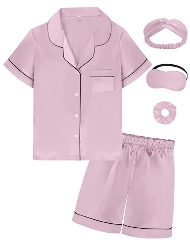 Satin Girl Pajama Set Silk Pajamas for Girls With Eyemask 2 Pcs Button-up Sleepwear Kid Pjs Nightwear（ Dusty Rose,130 ）