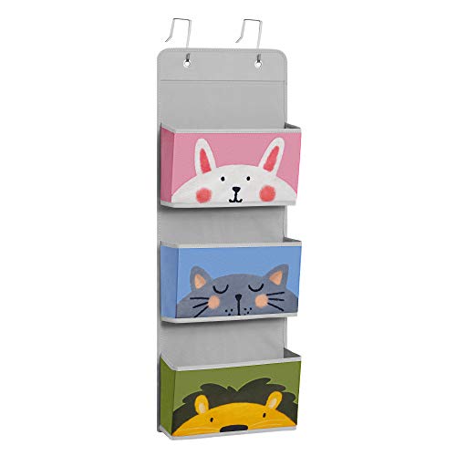 SONGMICS Bolsa Colgante Infantil, 33 x 11,5 x 90 cm, Organizador de Puerta y Pared Infantil, 3 Bolsillos y 2 Ganchos, Tema de Animales, para habitación, Rojo, Azul, Verde y Gris RFB731P01