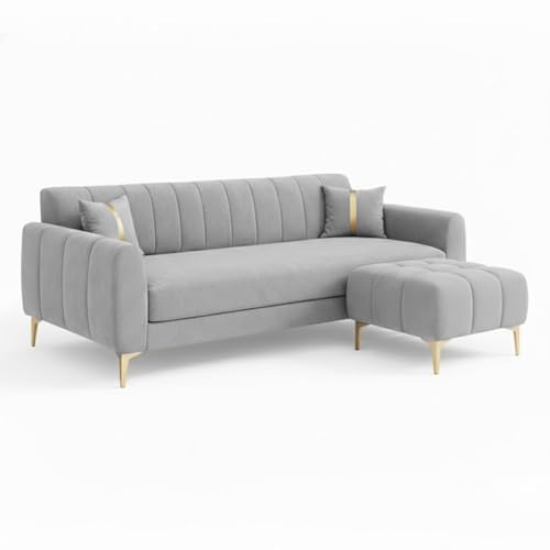 Image of Hermione 4 Seater L Shape Sofa Set with Movable Ottoman | Flexible Left or Right Layout | Luxe Velvet Suede Fabric | Comfortable Seating | Modern Sofa for Living Room - Light Gray