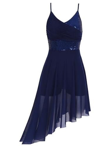 Oyolan Robe Danse Latine Femme Paillette Asymétrique Robe de Danse Salsa Rumba Chacha Tango Costume Spectacle Performance S-XL Bleu Marine S