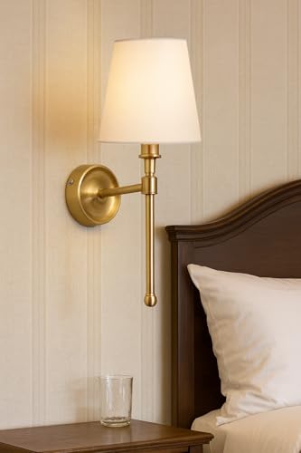 Image of AKWAY Antique Brass Finish Wall Lamps for Living Rooms with Bamboo Shade | Rattan and Cane Wall Lights for Bedroom | Wicker Wall scones - (Fabric Conical - Devika)