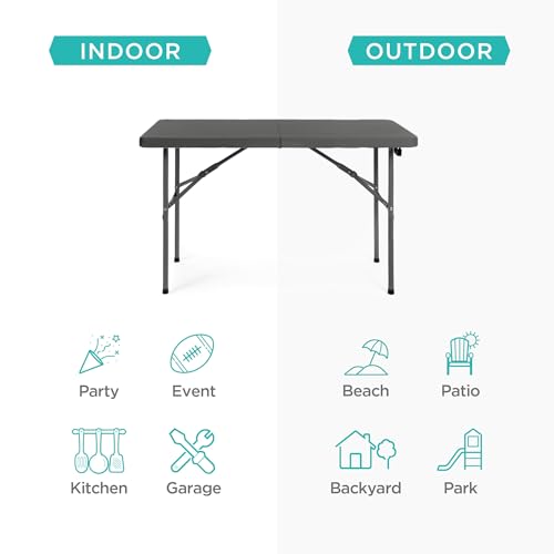 Image of Best Choice Products 4ft Plastic Folding Table, Indoor Outdoor Heavy Duty Portable w /Handle, Lock for Picnic, Party, Camping - Dark Gray