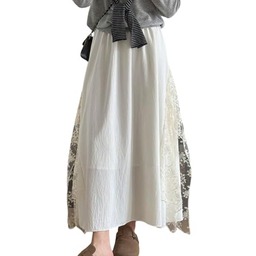 Women's Lace Patchwork Skirt Elastic Waist Loose Fashion Cute Casual Flowing Hem Light A-Line Long Skirts