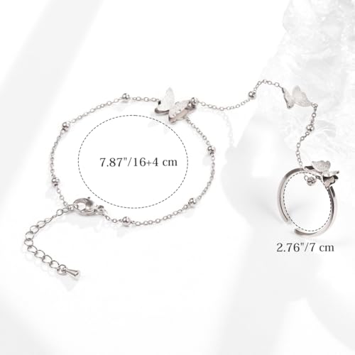 Emibele Hand Chain Bracelet 18K Silver Ring Bracelet, Non Tarnish Plated Stainless Steel Butterfly Ring and Chain Bracelet, Dainty Hand Chain Trendy Bracelets for Women, Silver
