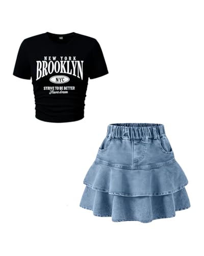 Cakaner Girls 2 Piece Set Short Sleeve Letter Tee & Ruffled Denim Skirt with Pockets Size 11 12