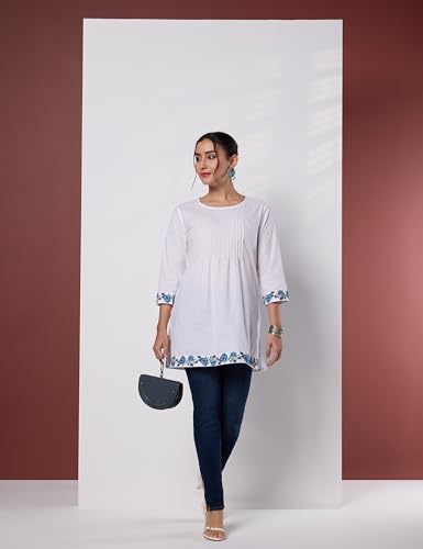 Image of Amazon Brand - Myx Women Pure Cotton Embroidered Short Kurti | Tunic | Short Kurta (Available in Plus Sizes)