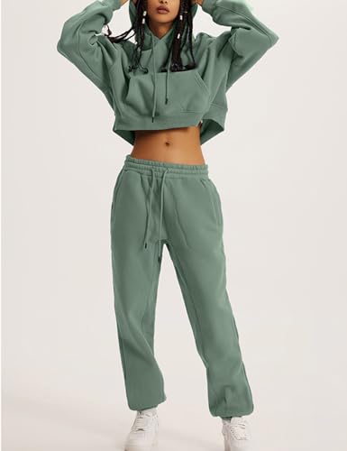 Image of Flygo Womens Fleece 2 Piece Outfits Sweatsuit Crop Pullover Sweatshirt Joggers Pants Tracksuit Set