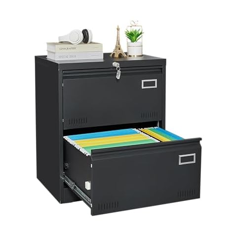 fcfeue Lateral File Cabinet, 2 Drawers Black Office File Cabinet with Lock,28in Metal File Cabinet for Home Office, Legal, Letter, A4 Cover