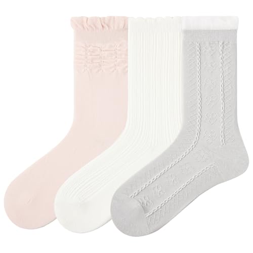 Image of 3 Pairs Women's Delicate Cotton Socks with Ruffled Lace Trim Elegant Cozy Dress Socks in Matching Styles (One Size, Camellias)