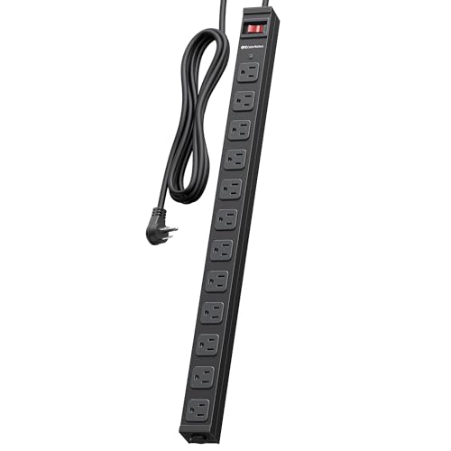 [ETL Certified] Cable Matters Wall-Mountable 12 Outlet Power Strip - 8ft Cord Metal 2100J Surge Protector with 15A Circuit Breaker Industrial Power Strip Surge Protector for Garage Workshop Black