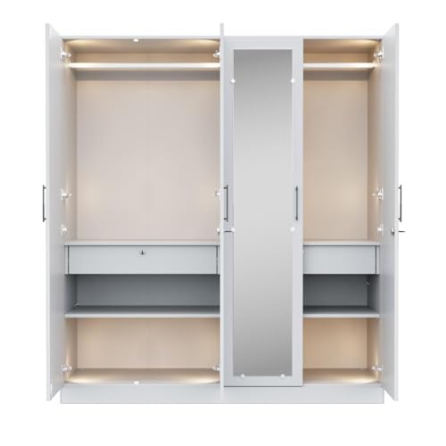 Image of Wakefit Wardrobe for Bedroom | 3 Yr Warranty | Cupboard for Bedroom, Almirah, Wooden Wardrobe, Comes with LED light, Storage Drawer, Mirror & Hanger, Density:680-750kg /m, Free Installation(Tyrian-FW)