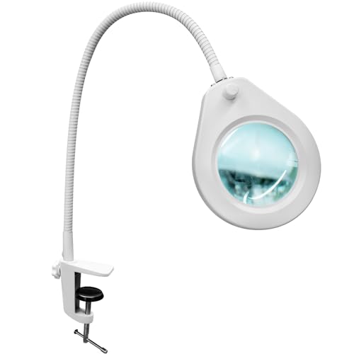 Beyamz Lámpara de Aumento LED con Pinza y Cuello Flexible - Lente 105 mm 5X / Luz Regulable 790 lm/Brazo Flexible de 50 cm/Para Trabajos de Precisión & Personas Mayores (Blanco)