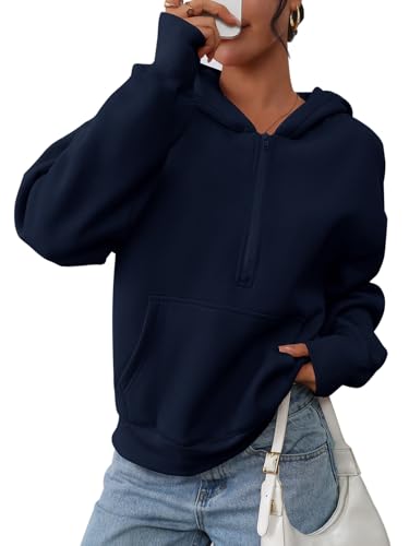 PRETTYGARDEN Quarter Zipper Cropped Sweatshirts for Women Fall Pullover Tops Long sleeve Drop Shoulder Cute Hoodies (Navy, Small)
