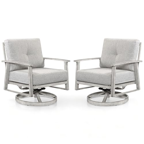 Image of Outdoor Swivel Sofa Chairs Set of 2, Never Rusts All-Aluminum Outdoor Swivel Armchairs Set with Thick Cushions, 2-Piece All Weather Patio Sofa Chairs for Garden, Poolside, Lawn, White Oak
