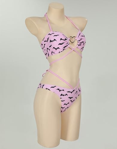 MEOWCOS Gothic Bat Pink Bikini Set Swimsuit Heart Buckle Halter Lace-up Top and Triangle Panty Bathing Suit Swimwear2