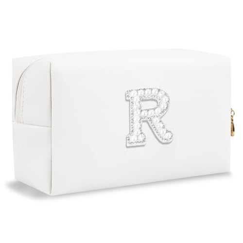 Brautgeschenke: Personalisierte Make-up-Tasche mit Perlen-Strass-Aufnäher, adretter weißer Monogramm-Kosmetik-/Kulturbeutel, Brautjungfergeschenke, Brautpartys, Hochzeitsgeschenke, Brautgeschenke, R