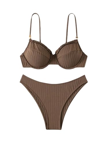 SweatyRocks Women's Spaghetti Strap Underwire Bikini Set Frill Ribbed Bathing Suit Two Piece Swimsuits