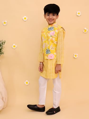 Image of The Mom Store Boys Printed Cotton Kurta Pajama Set With Jacket | Soft And Comfortable Ethnic Wear For Baby /Kids Boys | Full Sleeves Kurta Pyjama Set | Traditional Indian Outfit