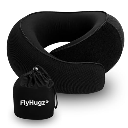 Image of FlyHugz Neck Travel Pillow Memory Foam Neck Pillow for Comfort on Airplane Compact and Ergonomic Design for Travel, Car Rides, and Home Use Ideal for Adults and Kids. (Midnight Black)