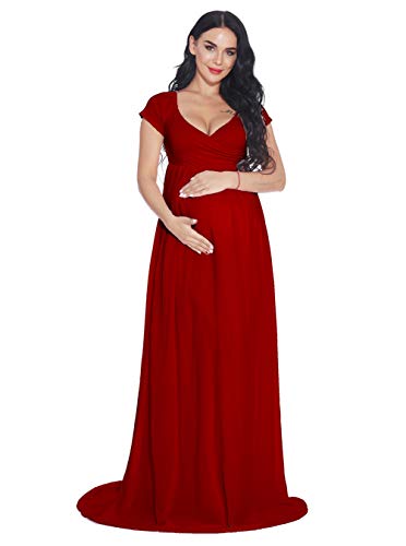 Ziumudy Maternity Chiffon Gown Wraped Short Sleeve Cross-Front Photography Maxi Dress For Baby Shower (Medium, Burgundy) #TOP17