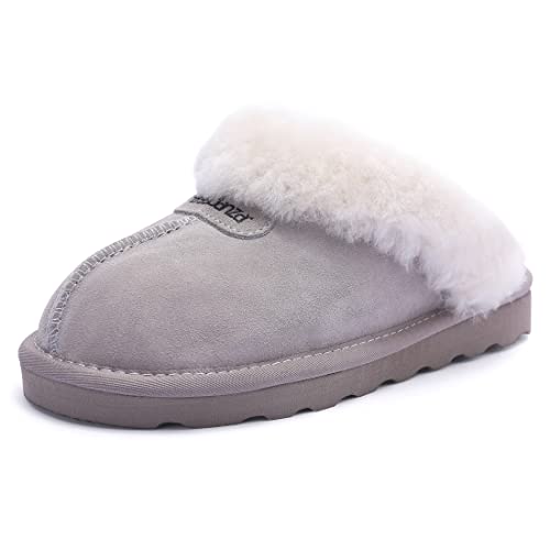 Harssidanzar Chaussons à Talon Ouvert Femme,pantoufles chaudes en daim floues en peau de mouton GL212EU,Gris clair,taglia 36-37.5 EU Cover