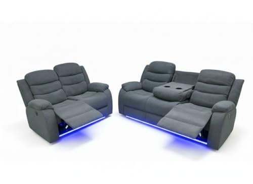 Madrid Fabric Electric Recliner Sofa with Cupholders 3+2 Seater USB Charging Ports LED Lights Fabric Recliner Sofa Set (Grey) (3+2 Seater)