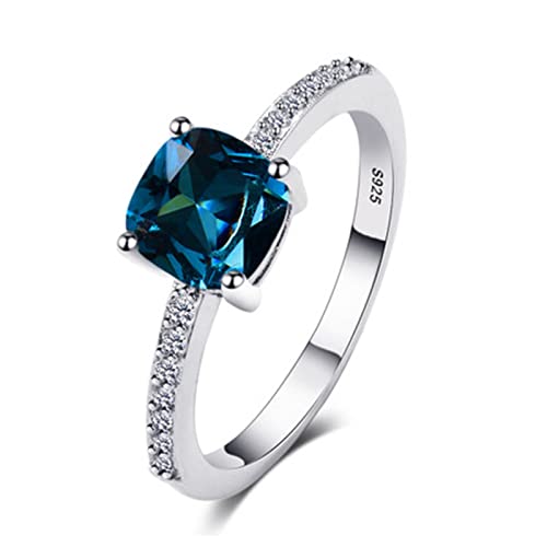 Vintage Emerald Peacock Blue Ladies 925 Sterling Silver Inlaid Sapphire Diamond Rings Square Zircon Ring Womens Shiny Blue Gemstone Engagement Wedding Promise Band CZ Ring (6)