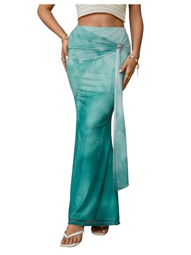 SHENHE Womens High Waisted Mesh Maxi Skirt Bodycon Elegant Going Out Long Fishtail Skirt Turquoise Small