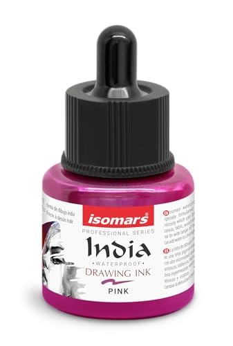 Image of Isomars Waterproof Drawing Ink with Dropper - 35ml | India Ink for Calligraphy, Art, Technical Drawing | Fade-Resistant & Quick-Drying (Pink)
