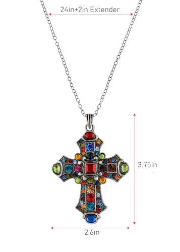 Image of Alilang Ornate Antique Golden Tone Colorful Rhinestone Cross Pendant Necklace