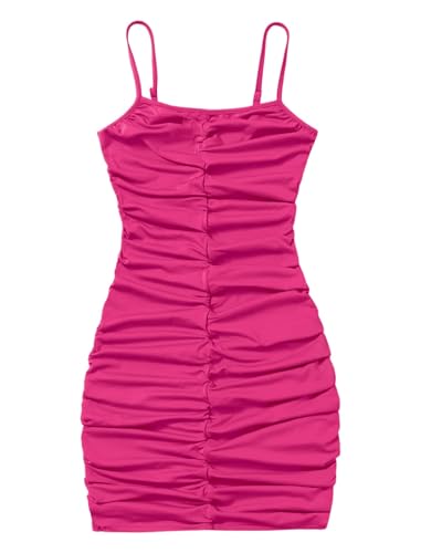 EXARUS Girls Formal Dress Teen Tween Party Bodycon Ruched Dance Homecoming Spaghetti Strap Fitted Mini Short Cute Stretch Dresses Plain Hot Pink 12 Years