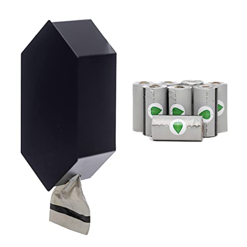 Image of Dog Poop Bag Dispenser with 8 Poop Bag Rolls, Stainless-Steel Dog Bag Holder with Magnetic Door Closure, Indoor and Outdoor Poop Bag Dispenser, Holds 8-9 Rolls, 7.75 inch x 3.25 inch, Black /Grey