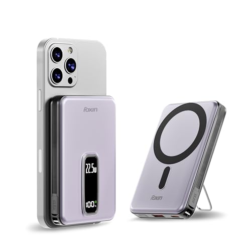 Image of Foxin Mag One Wireless 10000mAh Fast Charging Power Bank with Metal Stand | USB Type C Input & Output, 22.5W Portable Charger for iPhone 12 & Above, Android & Qi Enabled Devices | Meteor Grey