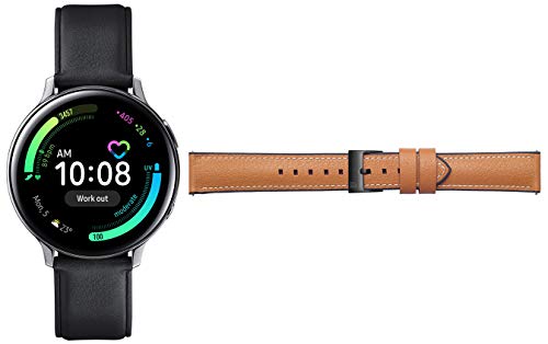 Image of Samsung Galaxy Watch Active 2 (Bluetooth + LTE, 44 mm) - Silver, Steel Dial, Leather Straps + Free Leather Strap (Tan) Worth INR 2500