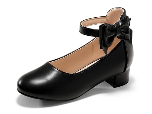 Image of Coutgo Girls Dress Shoes Flower Girl Bow Chunky Heels Closed Toe Ankle Strap Pumps Wedding Party Princess Shoes