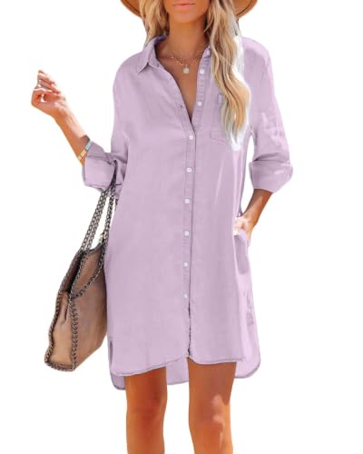 Image of Paintcolors Women's Long Sleeve Silk Denim Button Up Dresses Shirt Tunics Cover-ups Oversized Blouse Tops with Pockets