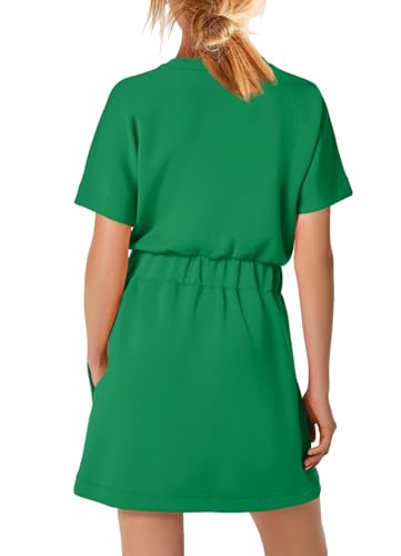 Image of SENSERISE Womens Short Sleeve T Shirt Dresses Crew Neck Solid Color Basic Smocked Waist Dress with Pockets