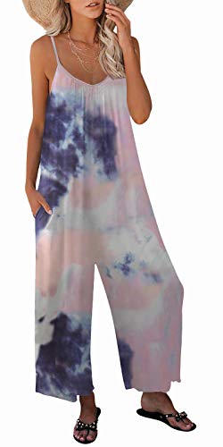 snugwind Womens Tie Dye Sleeveless Jumpsuits Adjustable Spaghetti Strap Stretchy Long Pant with Pockets X-Large Tie Dye