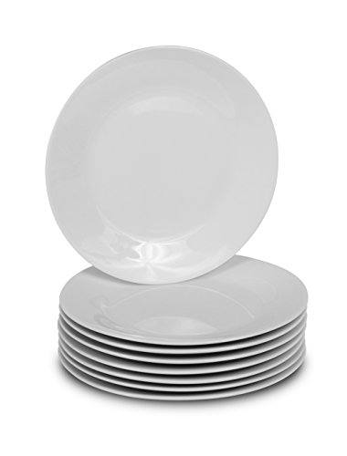 Klikel 8 White Salad Plates - Porcelain Round Dinnerware - 7.5-inch Appetizer or Bread Classic Solid Coupe Style Plate Set