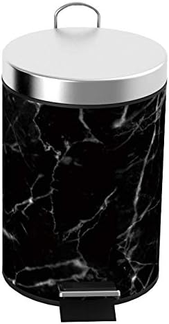 Mini Modern Black Marble & Silver Round Step Trash Can by Home Basics | 3 Liter Compact Garbage Bin with Removable Liner Bucket and Handle for Bathroom, Office, or Powder Room